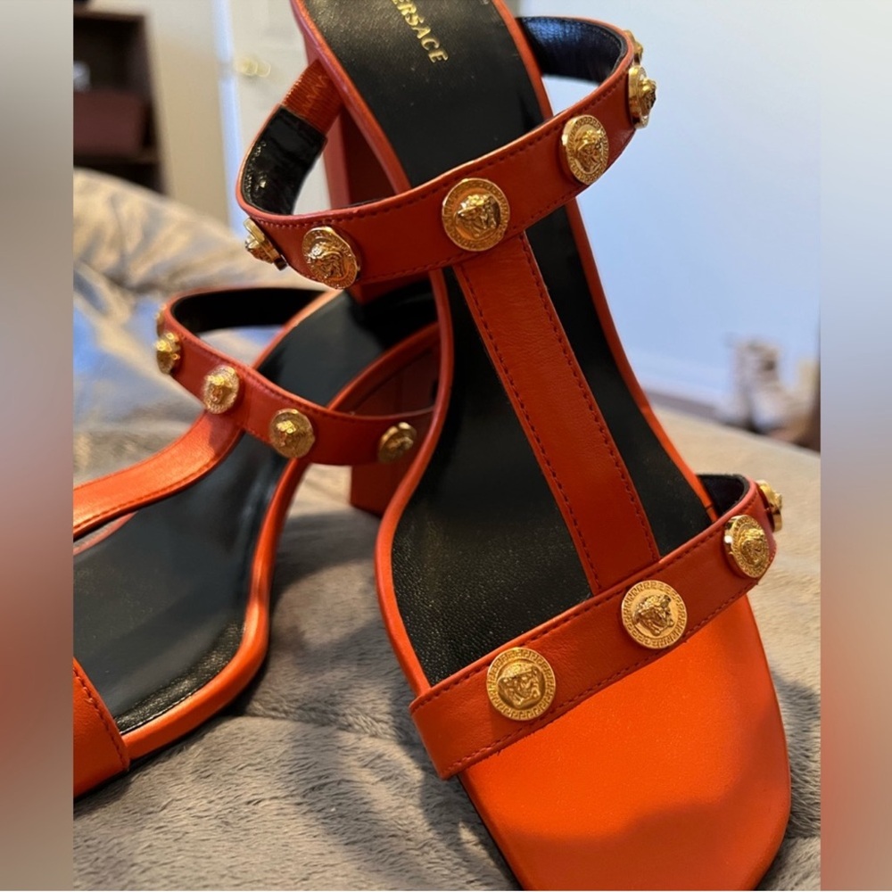 Versace Women's Orange Sandals with Gold Accents